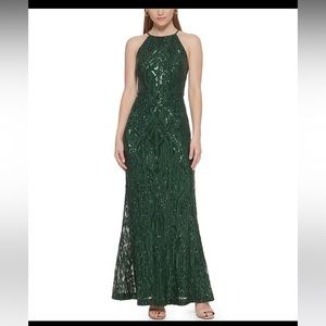 Vince Camuto-Sequin Geometric Print Halter Neck Sleeveless A-Line Gown